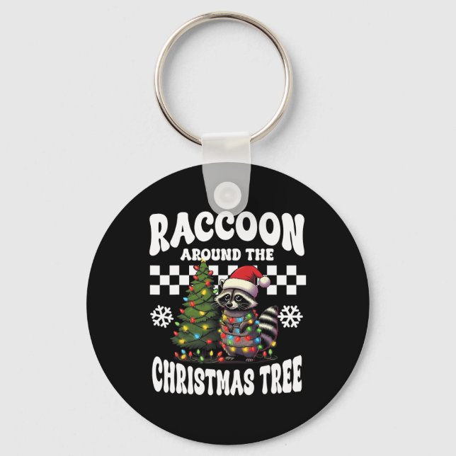 Racoon Around Christmas Tree Racoon Lover Funny  Key Ring (Front)