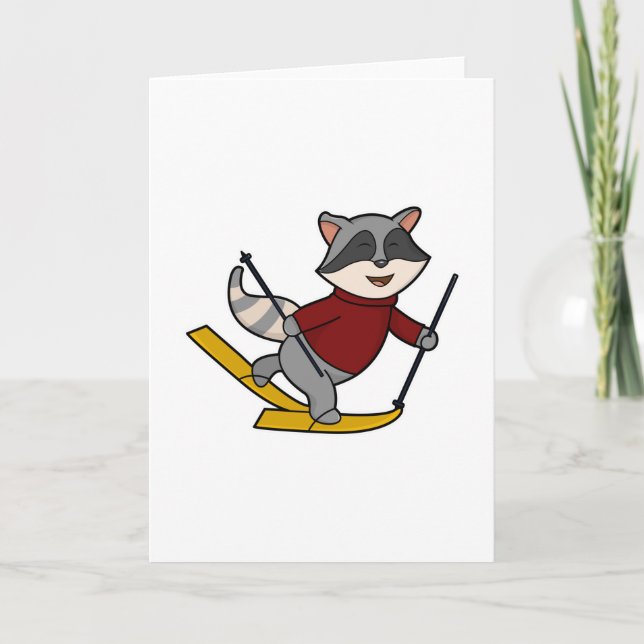 Racoon as Skier with Skis & Ski poles Card (Front)