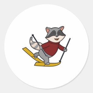 Racoon as Skier with Skis & Ski poles Classic Round Sticker