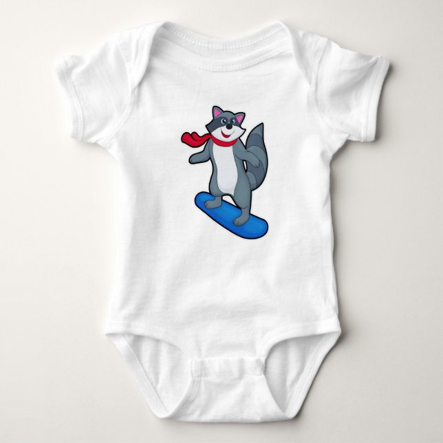 Racoon as Snowboarder with Snowboard & Scarf Baby Bodysuit (Front)