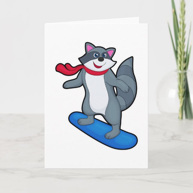 Racoon as Snowboarder with Snowboard & Scarf Card (Front)