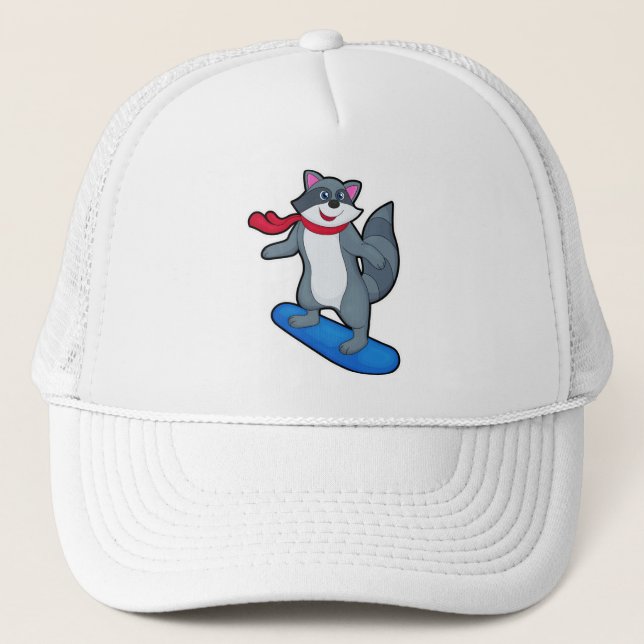 Racoon as Snowboarder with Snowboard & Scarf Trucker Hat (Front)