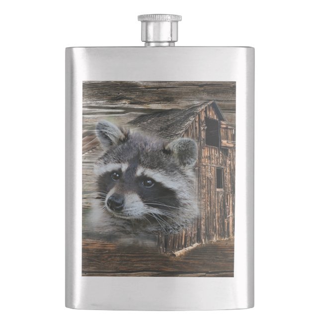 Racoon At The Old Barn Hip Flask (Front)