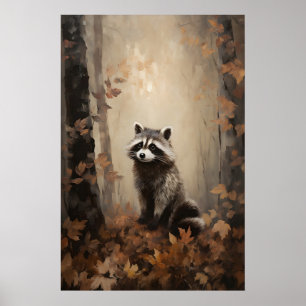 Racoon Autumn Forest Print, Cottagecore Animal Poster