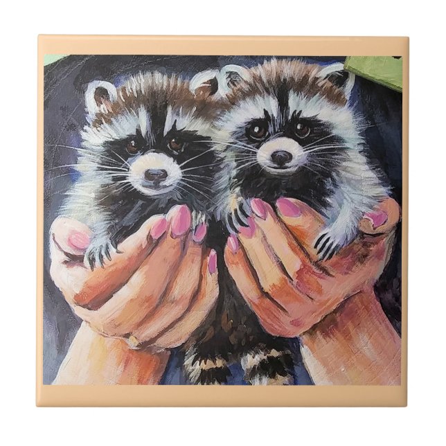 Racoon Babies in Hands Ceramic Tile (Front)