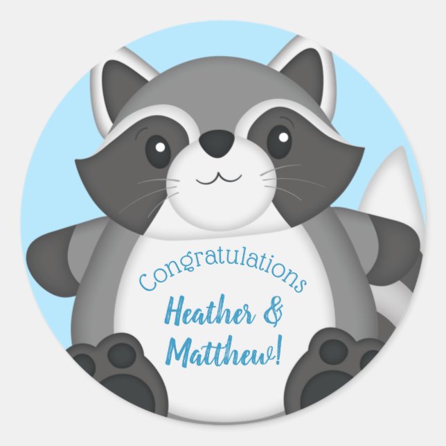 Racoon Baby Shower Blue Classic Round Sticker (Front)
