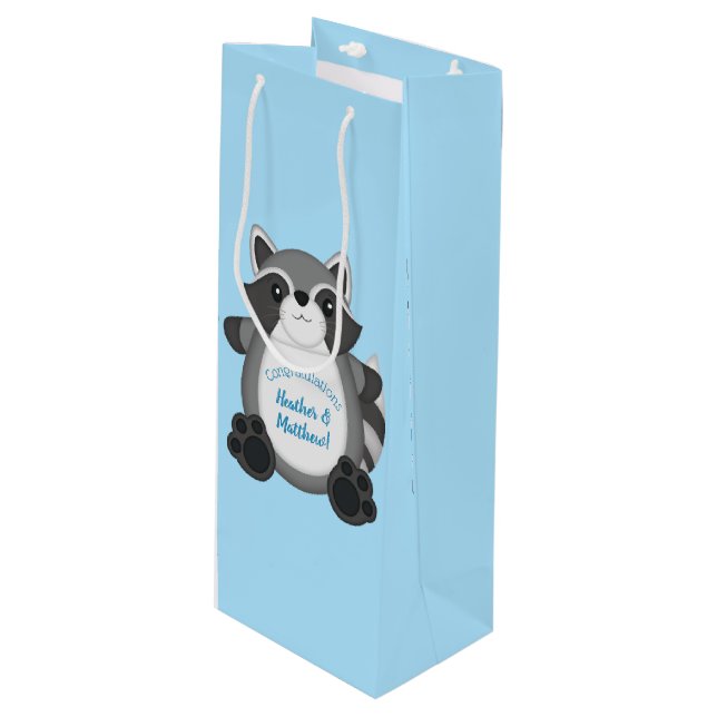 Racoon Baby Shower Blue Wine Gift Bag (Front Angled)