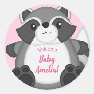 Racoon Baby Shower Pink Classic Round Sticker