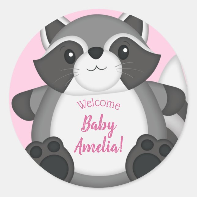 Racoon Baby Shower Pink Classic Round Sticker (Front)