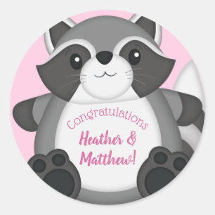 Racoon Baby Shower Pink Classic Round Sticker