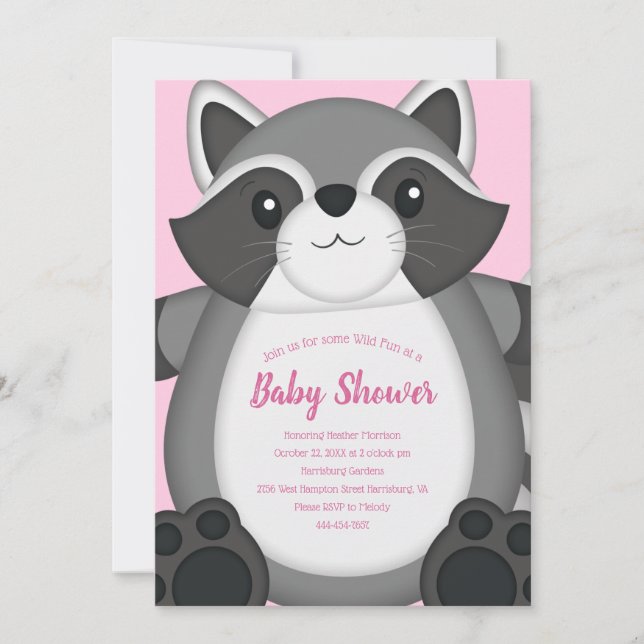 Racoon Baby Shower Pink Invitation (Front)