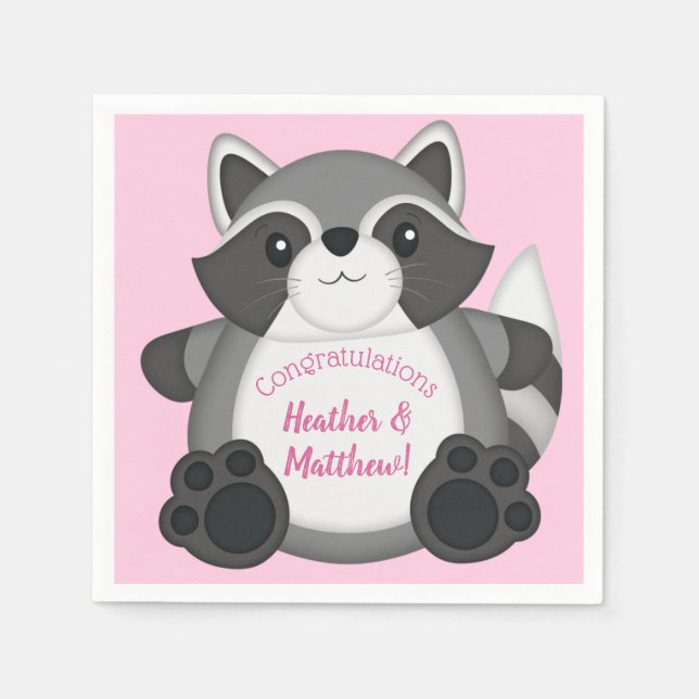 Racoon Baby Shower Pink Napkin (Front)