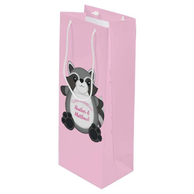 Racoon Baby Shower Pink Wine Gift Bag (Front Angled)