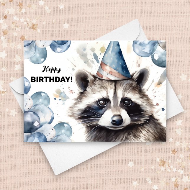 Racoon Balloons and Party Hat Wildlife Birthday Card (Creator Uploaded)