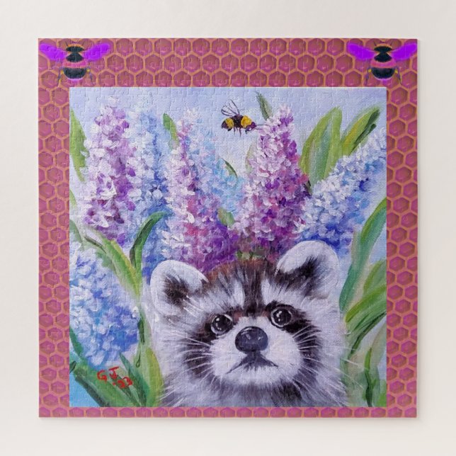 Racoon Bee and flowers SPRING BUZZ puzzles (Vertical)