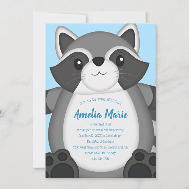 Racoon Birthday Party Blue Invitation (Front)