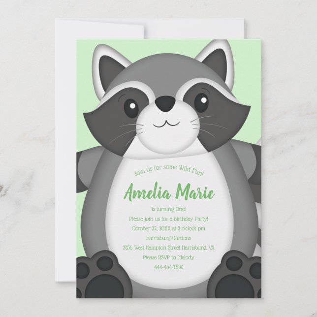 Racoon Birthday Party Green Invitation (Front)