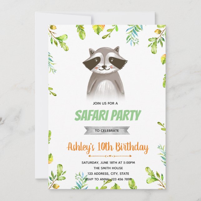 Racoon birthday party invitation (Front)