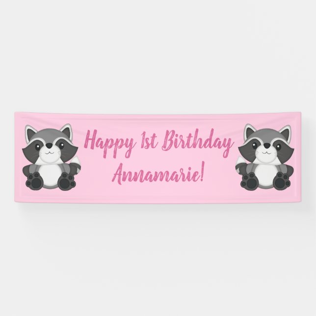 Racoon Birthday Party Pink Banner (Horizontal)