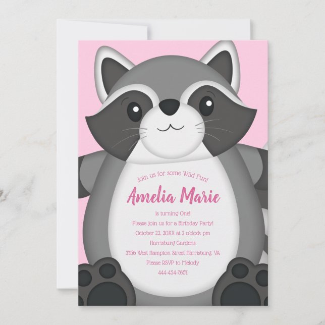 Racoon Birthday Party Pink Invitation (Front)