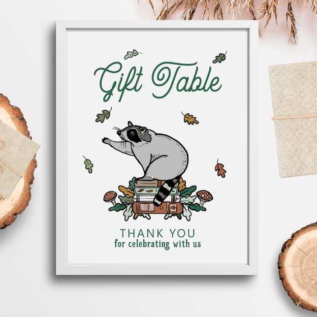 Racoon Book Themed Party Gift Table Sign (Woodland Storybook Baby Shower Gift Table Sign)