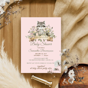 Racoon Botanical Pink Baby Shower Invitation