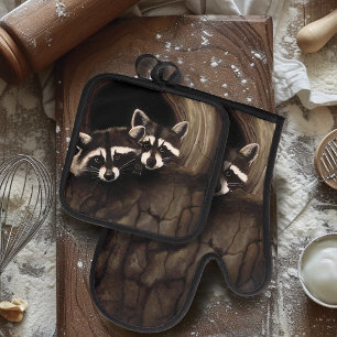 Racoon Brown Cute Tree Oven Mitt & Pot Holder Set