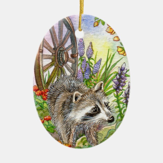 Racoon By Flower Garden Ceramic Tree Decoration (Front)