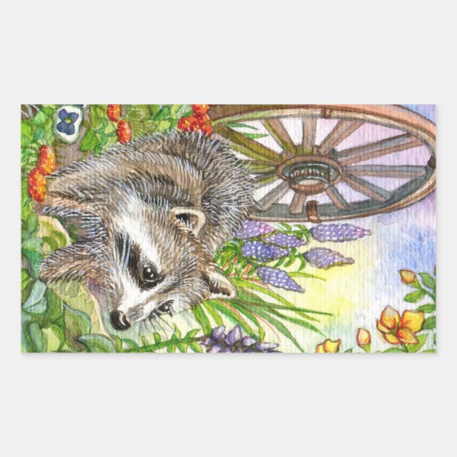 Racoon By Flower Garden Rectangular Sticker (Front)