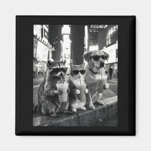 Racoon Cat Dog Drinking Iced Coffee Funny Animal Magnet
