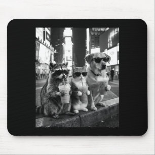 Racoon Cat Dog Drinking Iced Coffee Funny Animal Mouse Pad