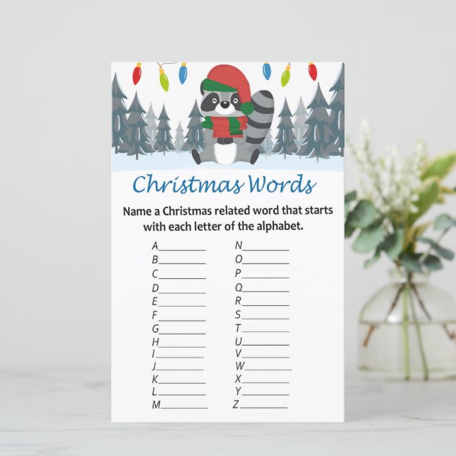 Racoon christmas alphabet words game (Standing Front)