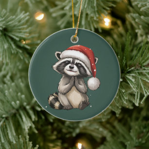 Racoon Christmas Animal Santa Hat Xmas Ceramic Ornament
