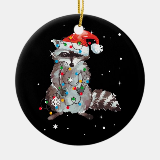 Racoon Christmas Tree Lights Pajama Racoon Lover Ceramic Ornament (Front)