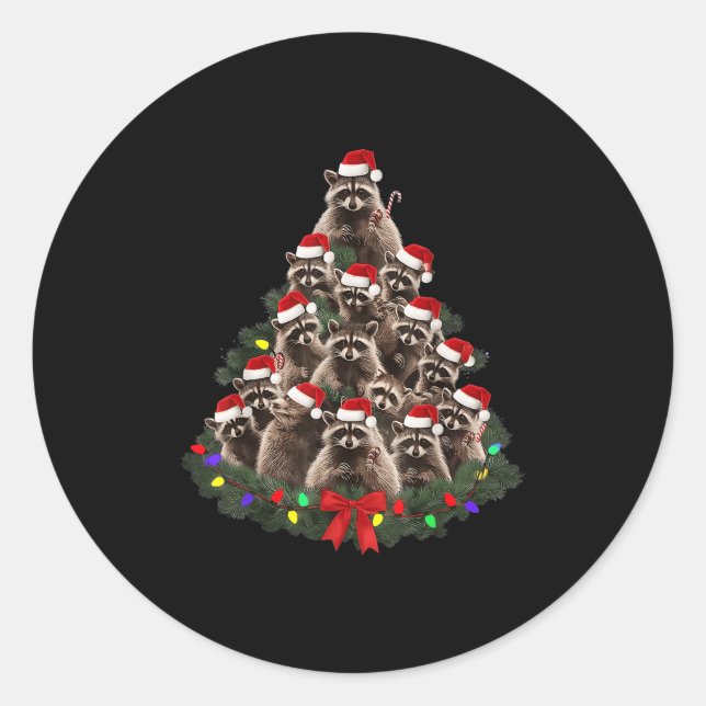 Racoon Christmas Tree Lights Pajama Racoon Lover  Classic Round Sticker (Front)