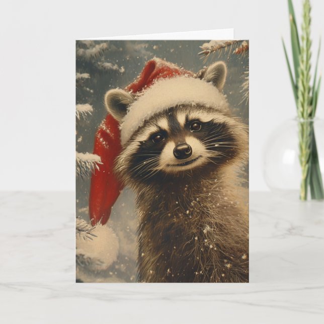 Racoon Christmas vintage personalised Holiday Card (Front)