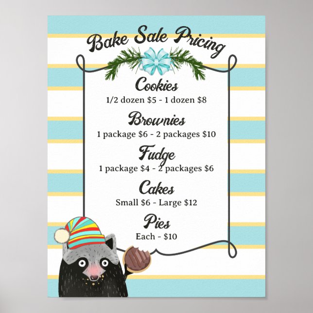 Racoon cookie bake sale holiday personalised menu poster (Front)