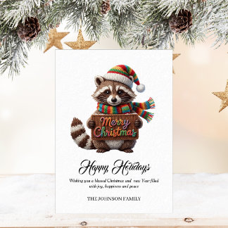Racoon Crochet Merry Christmas Holiday Card