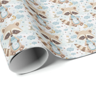 Racoon Cute Baby Pastel Watercolor Pattern  Wrapping Paper