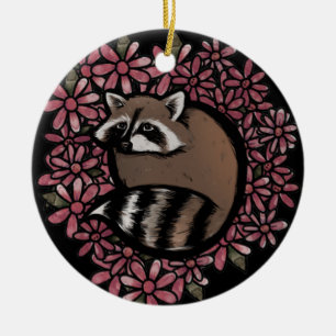 Racoon Daisy Flower Art Raccoons Daisies Floral Ceramic Ornament