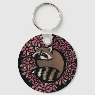 Racoon Daisy Flower Art Raccoons Daisies Floral Key Ring