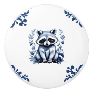 Racoon Delft Blue White Corners Woodland Animals Ceramic Knob
