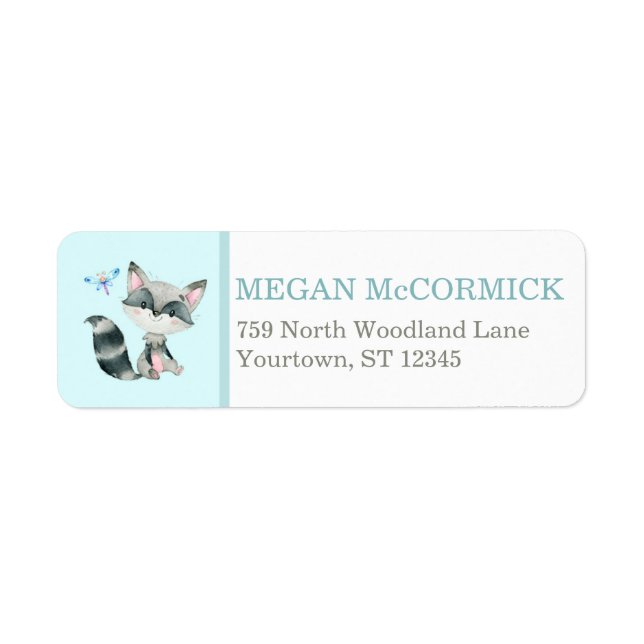 Racoon / Dragonfly Aqua Woodland Return Address Label (Front)