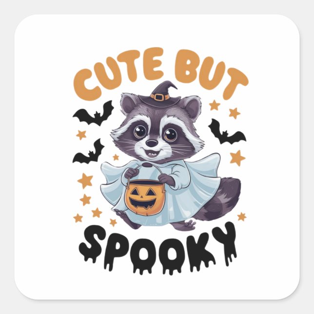 Racoon dressed in a ghost costume square sticker (Front)