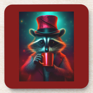 Racoon Dressed In A Red Outfit Drinking Coffee Coaster