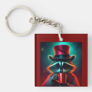 Racoon Dressed In A Red Outfit Drinking Coffee Key Ring