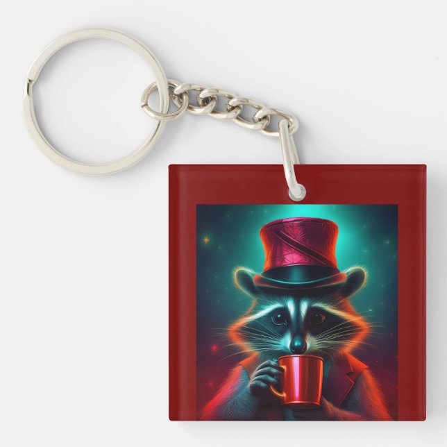 Racoon Dressed In A Red Outfit Drinking Coffee Key Ring (Front)