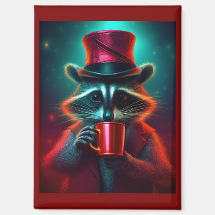 Racoon Dressed In A Red Outfit Drinking Coffee Magnet