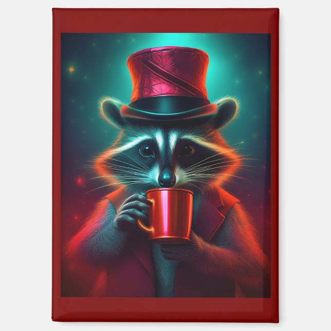 Racoon Dressed In A Red Outfit Drinking Coffee Magnet (Front)