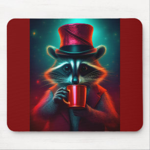 Racoon Dressed In A Red Outfit Drinking Coffee Mouse Pad